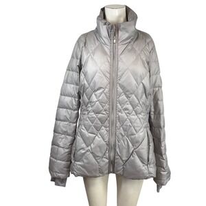Athleta Womens Silver Taupe Quilted Puffer Down Jacket Funnel Neck Large